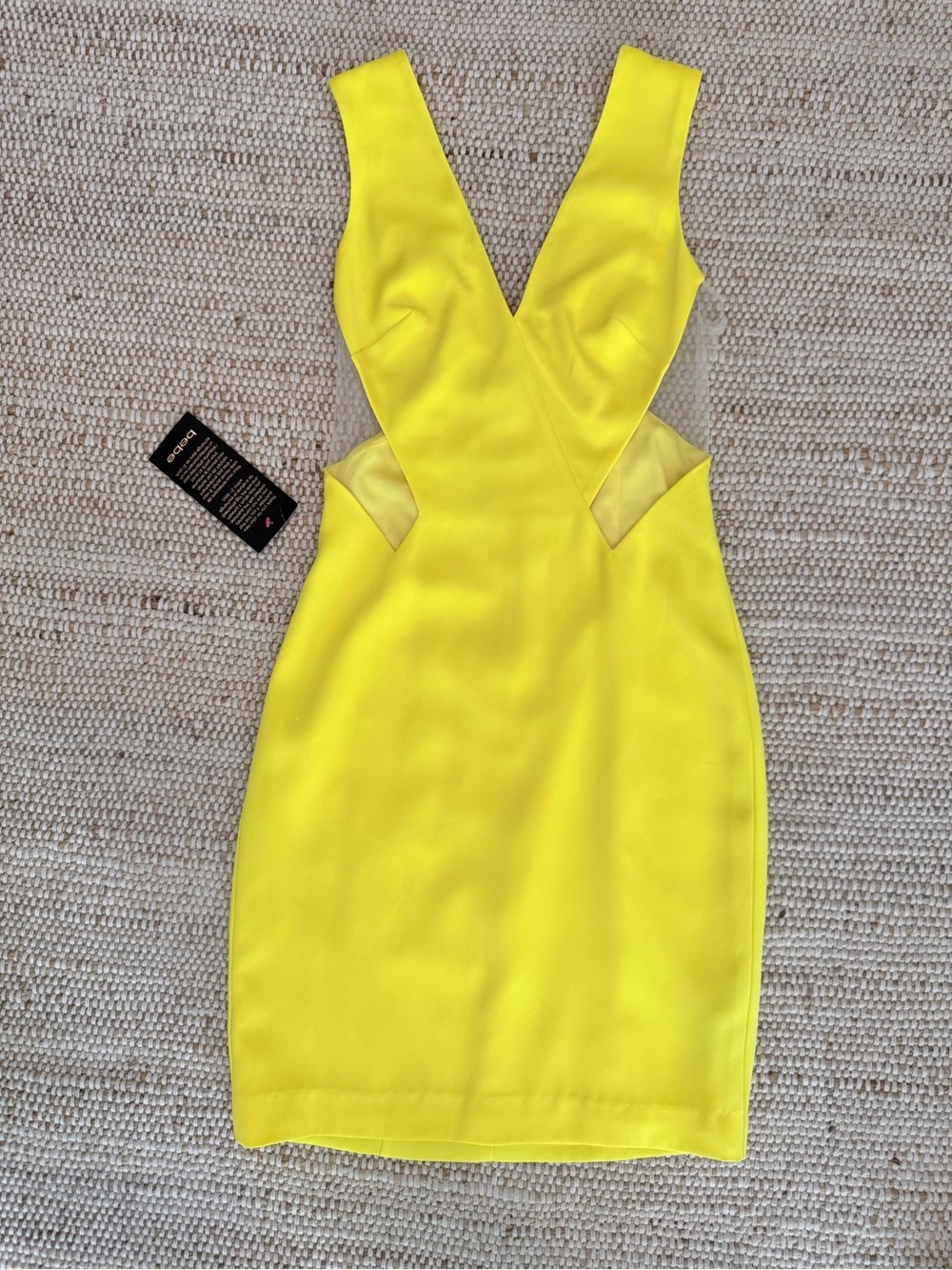 Bebe Delightful V-Neck Dress Bright Yellow Cutout Mesh Size 6 NWT Cocktail Party
